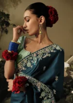 Peacock Blue Embroidered Dola Silk Saree