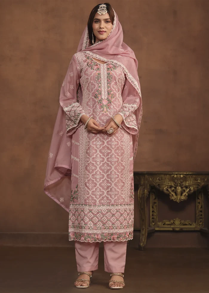 Pink Embroidered Suit in Organza