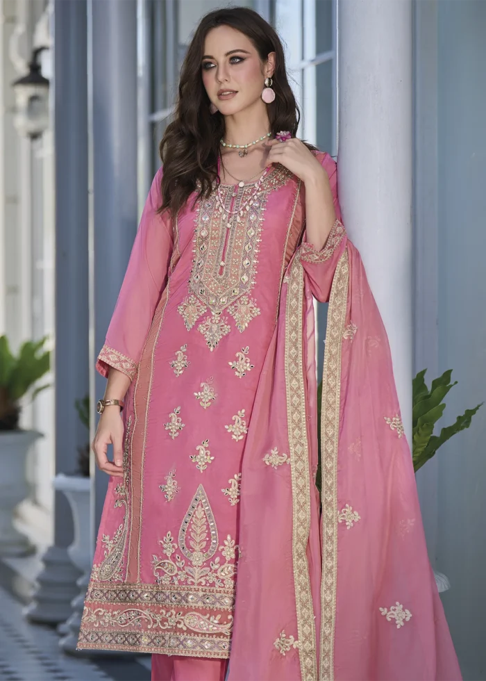 Pink Organza Suit with Embroidery Work