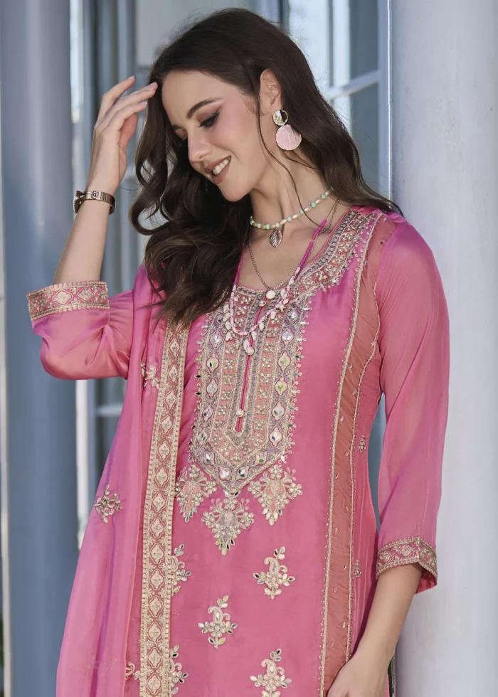 Pink Organza Suit with Embroidery Work