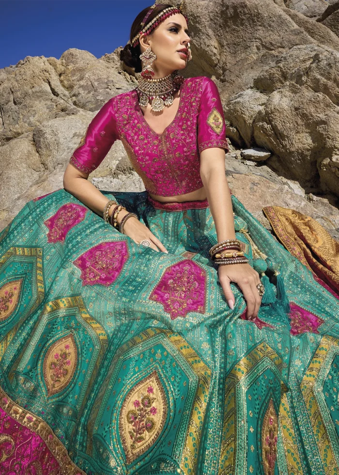 Pink and Turquoise Banarasi Lehenga with Heavy Work