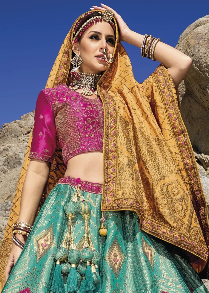 Pink and Turquoise Banarasi Lehenga with Heavy Work