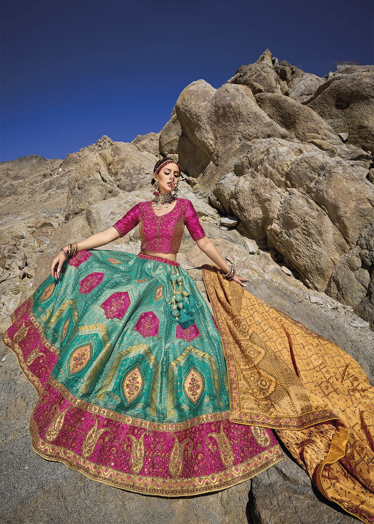 Pink and Turquoise Banarasi Lehenga with Heavy Work