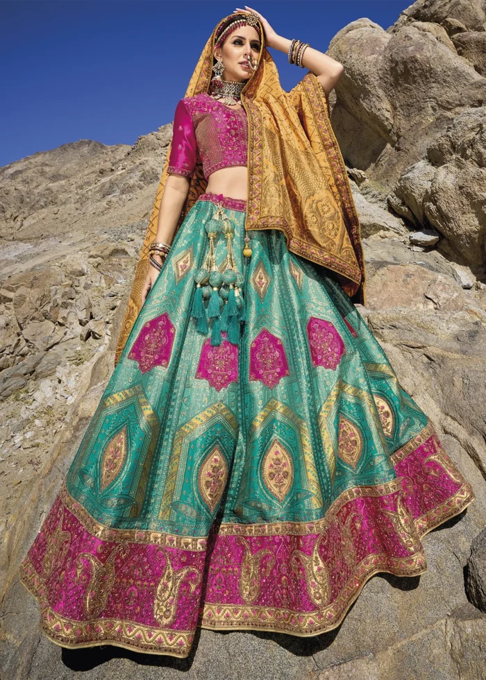 Pink and Turquoise Banarasi Lehenga with Heavy Work