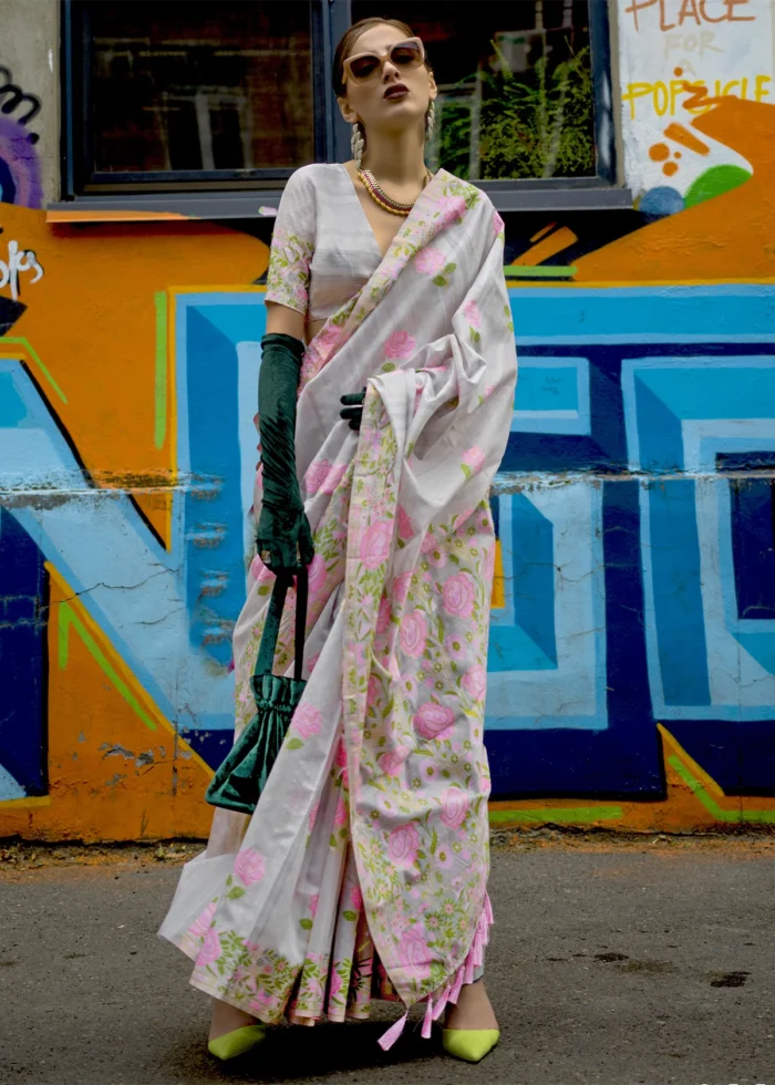 Powder Gray Parsi Weave Cotton Silk Saree