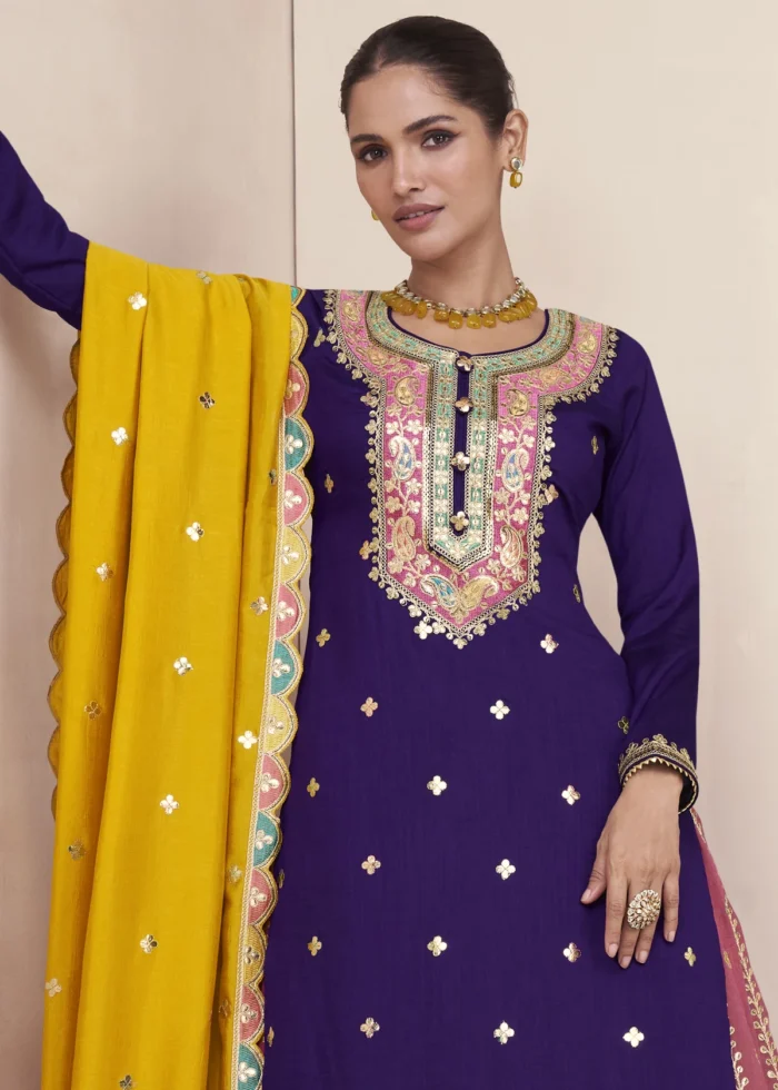 Purple Embroidered Silk Lehenga Suit