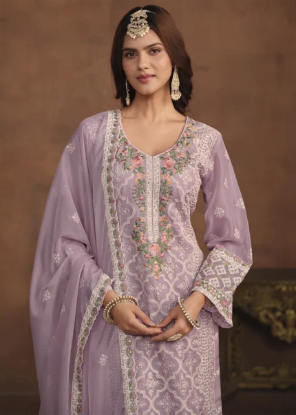 Purple Embroidered Suit in Organza