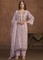 Purple Embroidered Suit in Organza