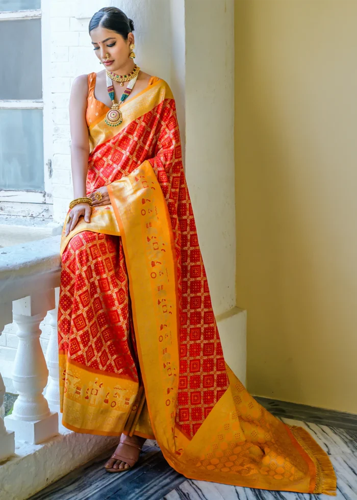 Red and Yellow Banarasi Silk Saree