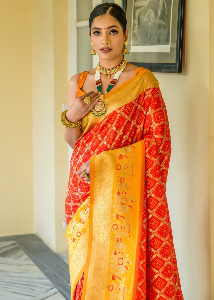 Red and Yellow Banarasi Silk Saree