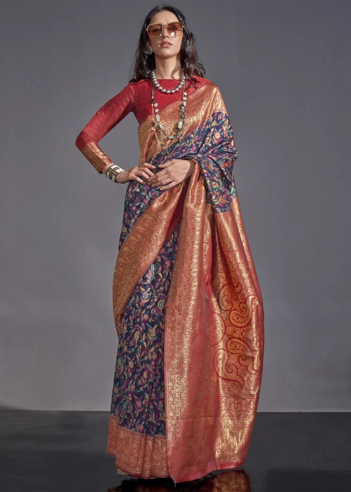 Royal Blue Kashmiri Jamawar Saree with Banarasi Pallu