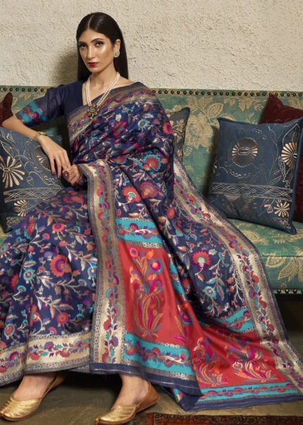 Royal Blue Kashmiri Jamawar Silk Saree