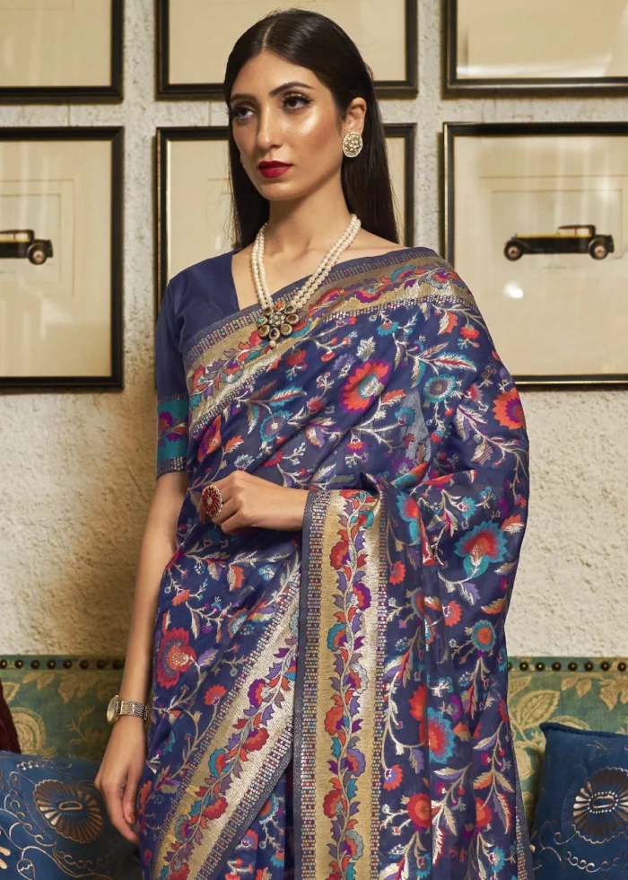 Royal Blue Kashmiri Jamawar Silk Saree