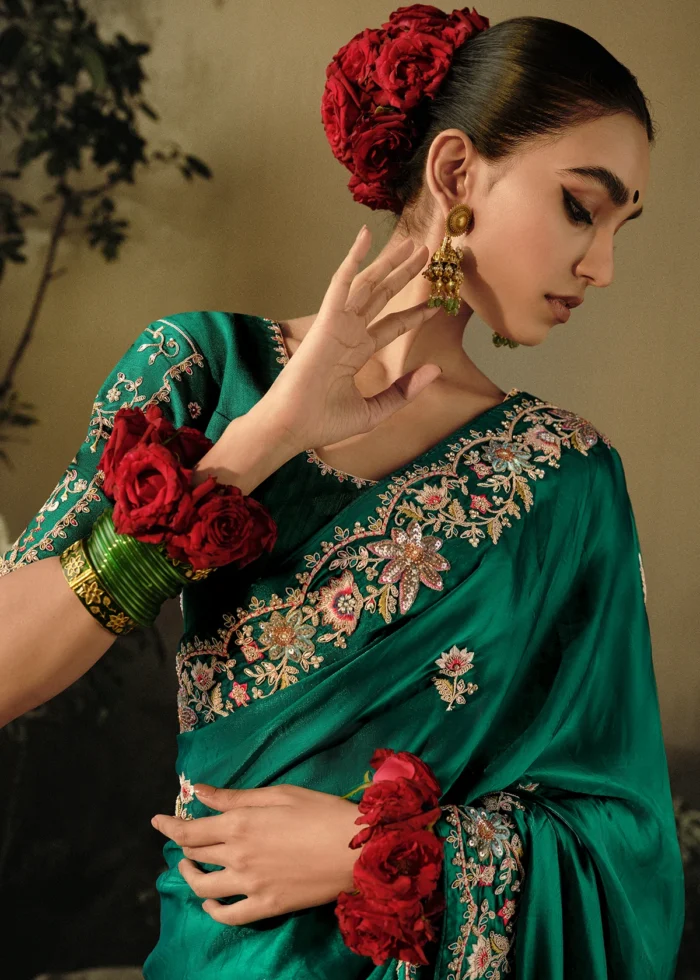 Sacramento Green Embroidered Dola Silk Saree