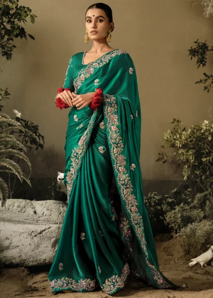 Sacramento Green Embroidered Dola Silk Saree