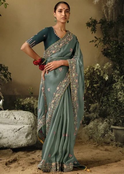 Sage Green Embroidered Dola Silk Saree