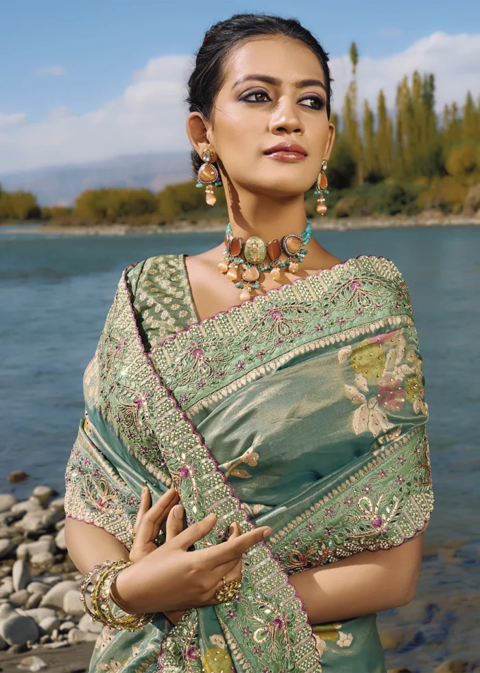 Sea Green Banarasi Saree with Embroidery Work