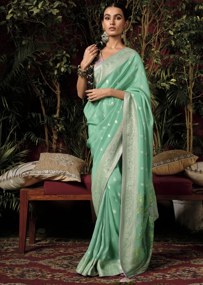 Sea Green Banarasi Saree with Meenakari