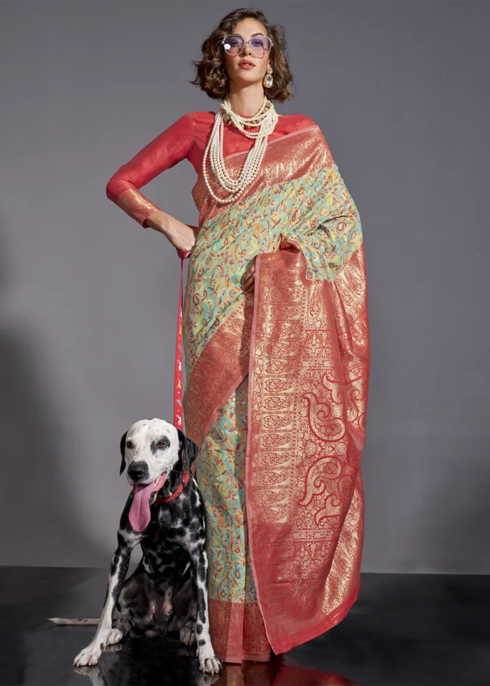 Sea Green Kashmiri Jamawar Saree with Banarasi Pallu