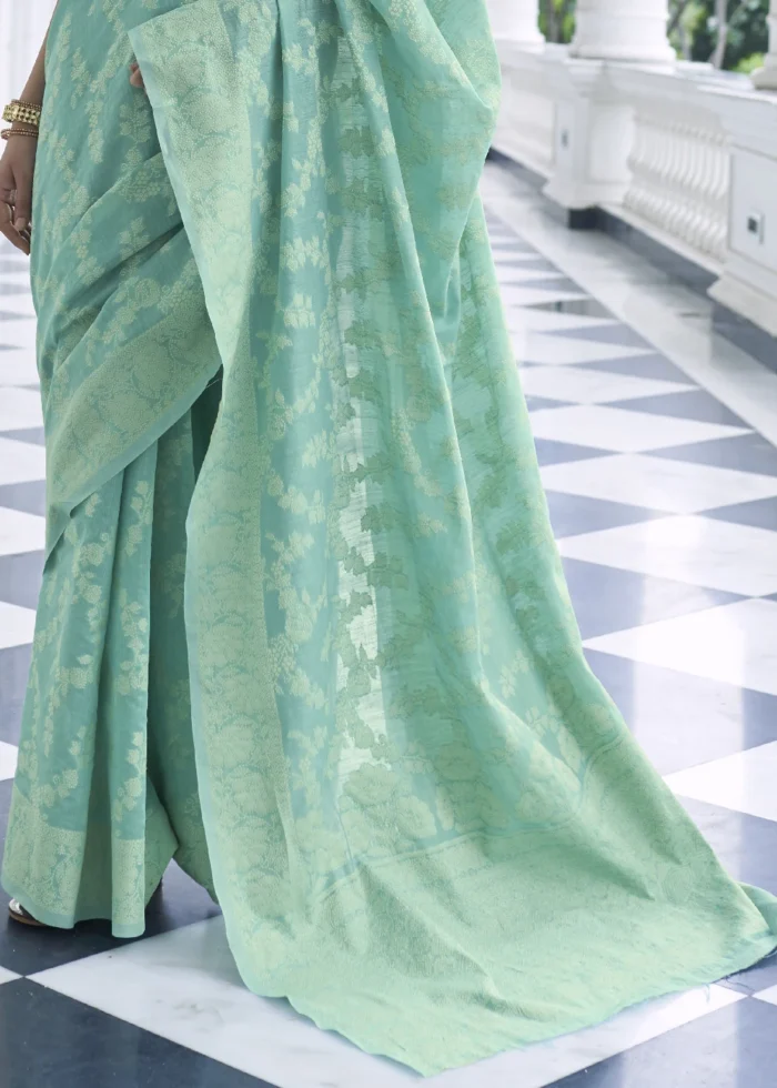 Sea Green Lucknowi Chikankari Cotton Silk Saree