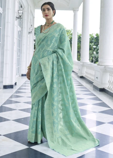 Sea Green Lucknowi Chikankari Cotton Silk Saree