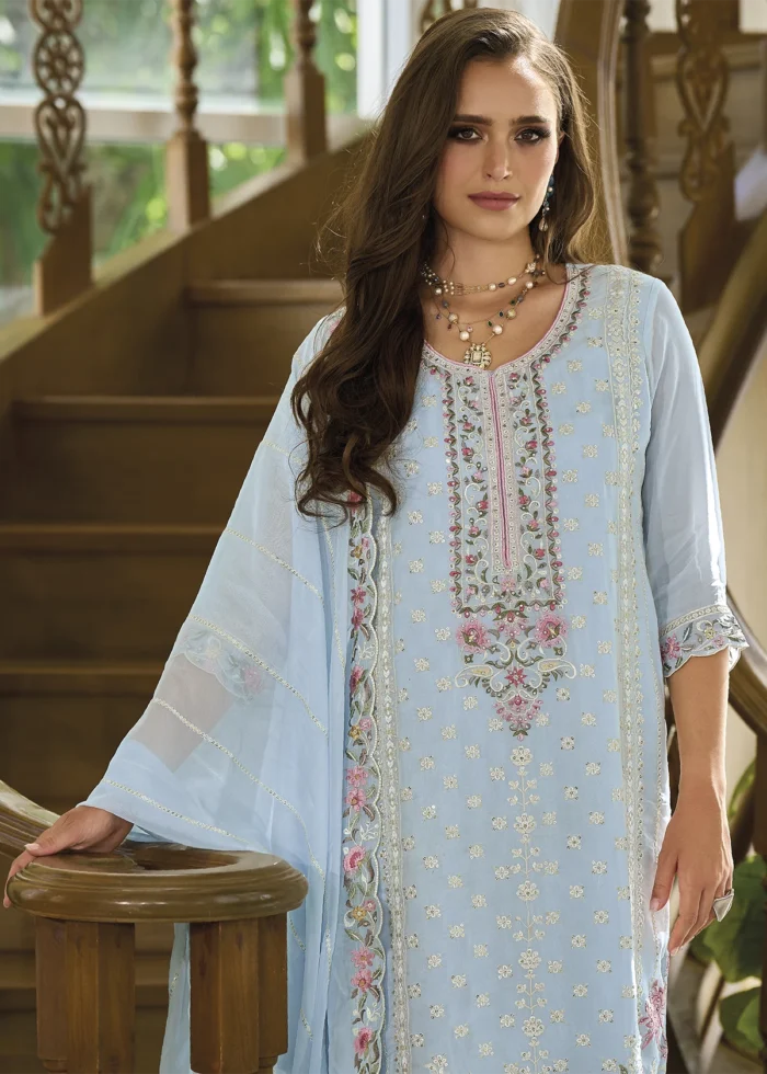 Sky Blue Organza Suit with Embroidery Work