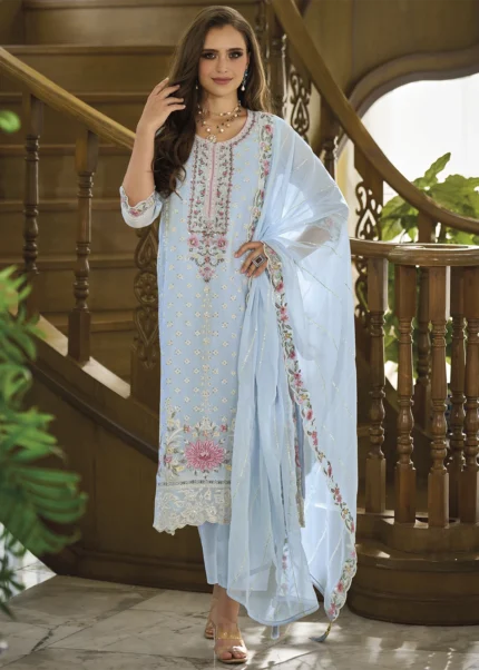 Sky Blue Organza Suit with Embroidery Work