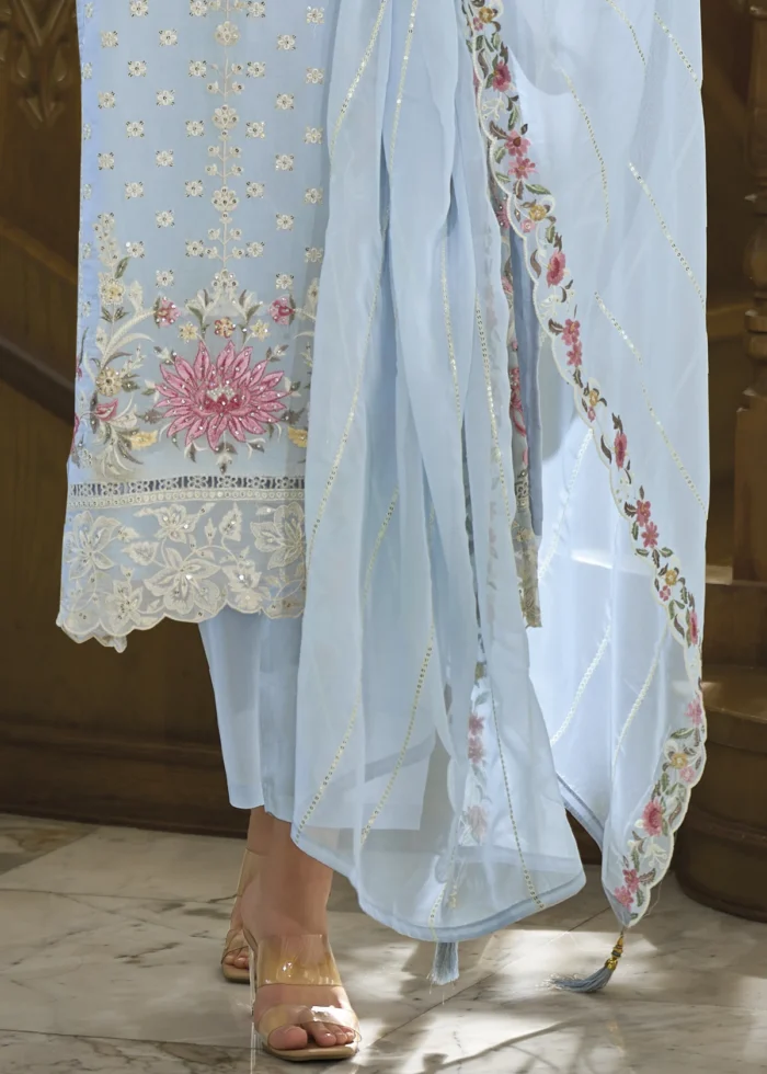 Sky Blue Organza Suit with Embroidery Work