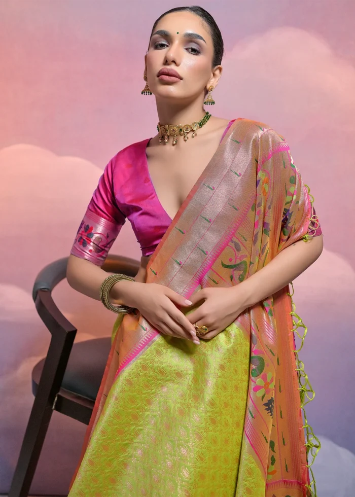 Slime Green Paithani Silk Saree