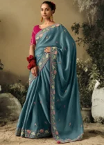 Teal Blue Embroidered Dola Silk Saree