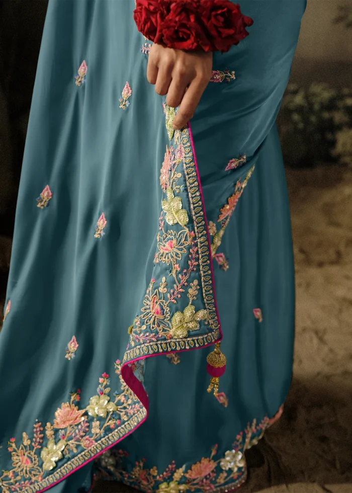 Teal Blue Embroidered Dola Silk Saree