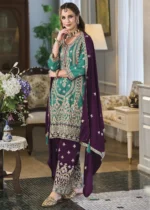 Teal and Purple Silk Suit with Embroidery Work