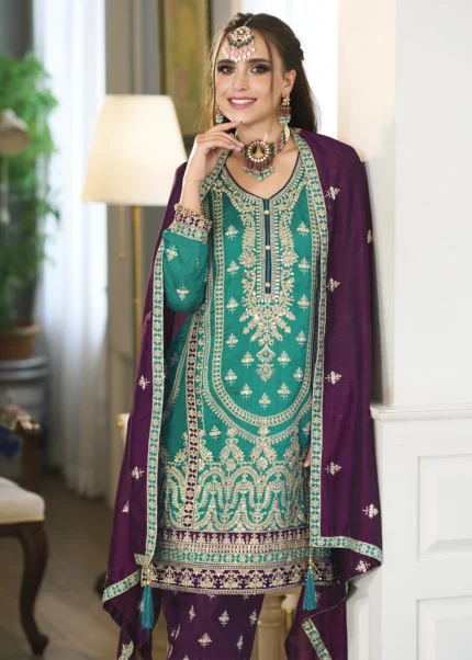 Teal and Purple Silk Suit with Embroidery Work