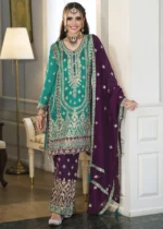 Teal and Purple Silk Suit with Embroidery Work