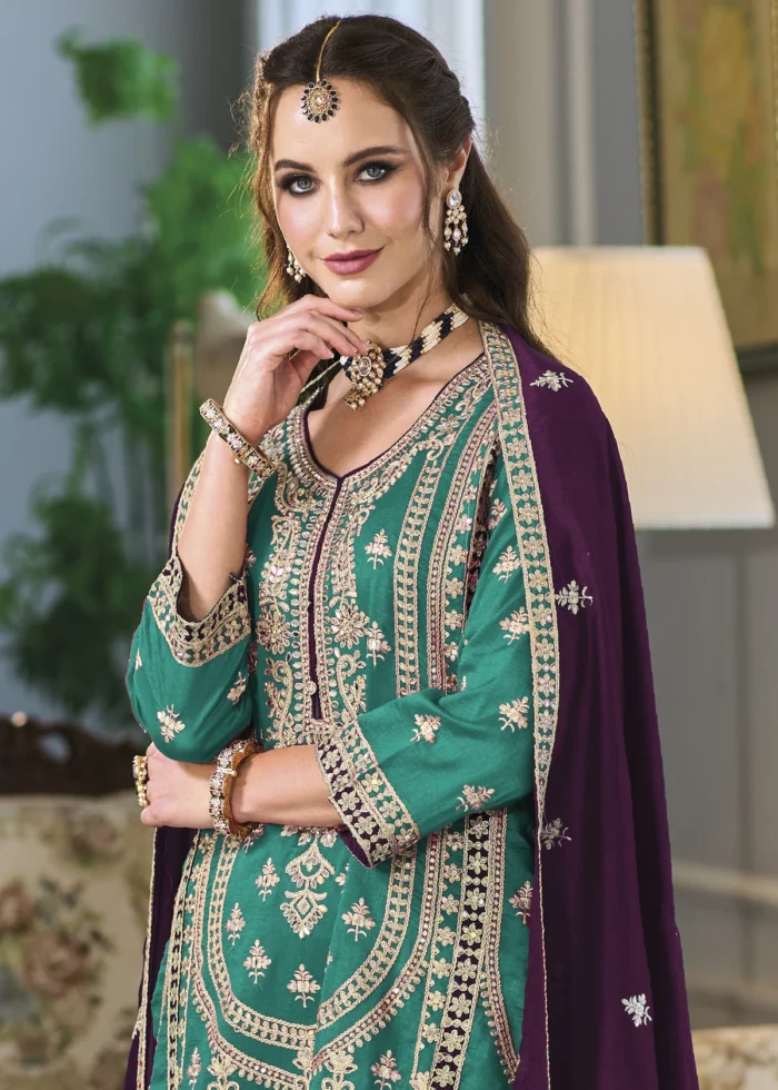 Teal and Purple Silk Suit with Embroidery Work