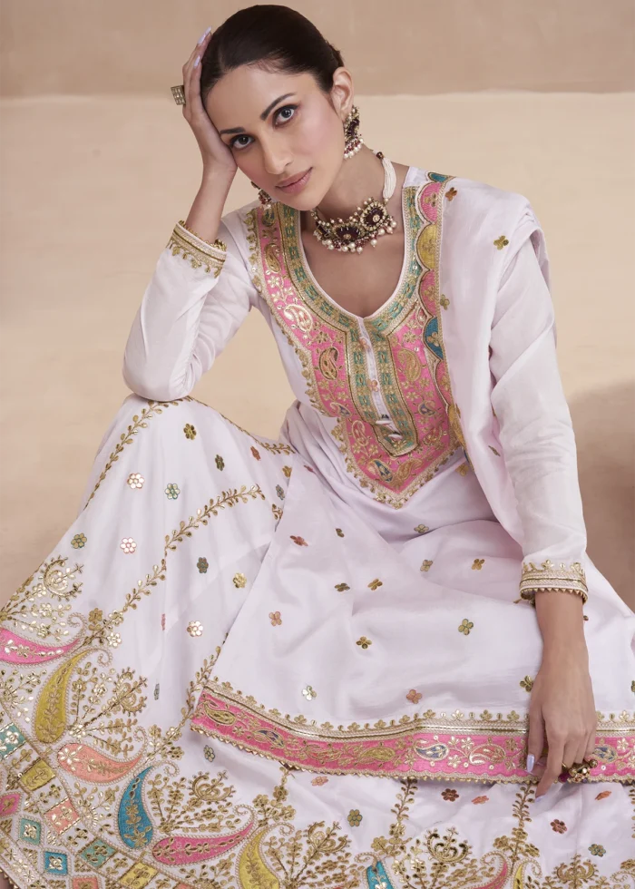 White Embroidered Silk Lehenga Suit