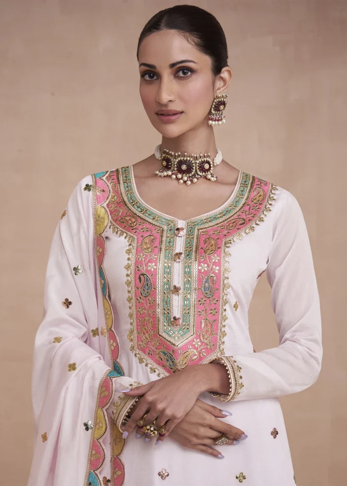 White Embroidered Silk Lehenga Suit