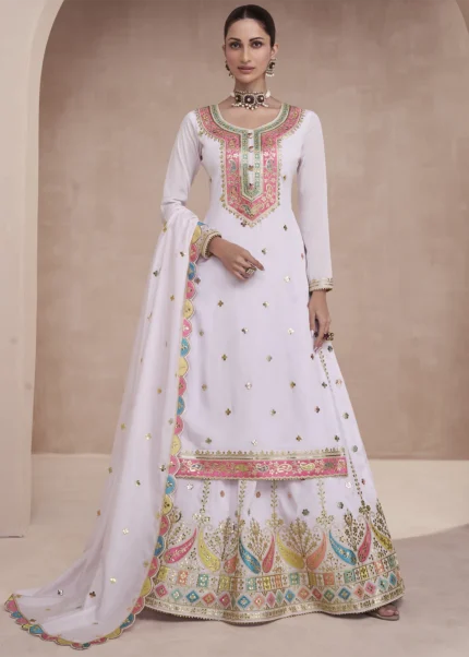 White Embroidered Silk Lehenga Suit