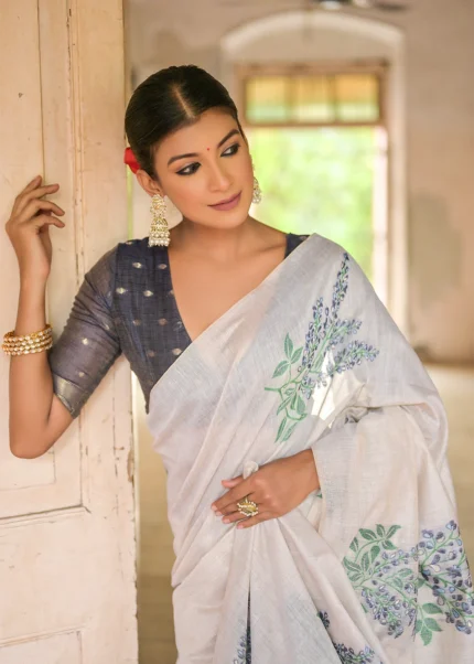 White and Navy Blue Muga Cotton Woven Saree