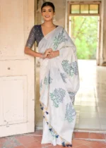 White and Navy Blue Muga Cotton Woven Saree