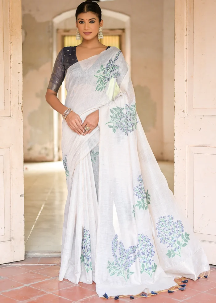 White and Navy Blue Muga Cotton Woven Saree