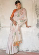 White and Orange Muga Cotton Woven Saree