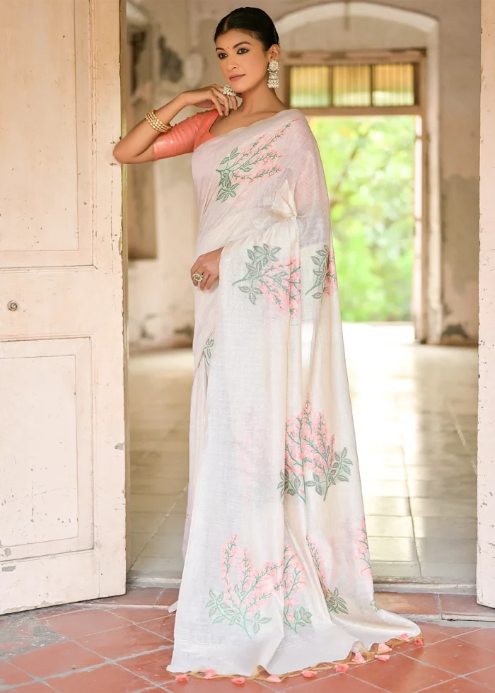 White and Peach Muga Cotton Woven Saree