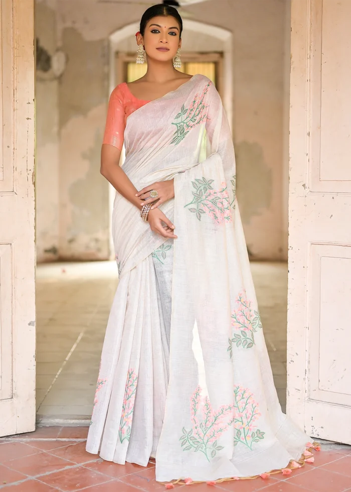 White and Peach Muga Cotton Woven Saree