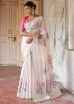 White and Pink Muga Cotton Woven Saree