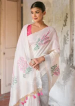 White and Pink Muga Cotton Woven Saree