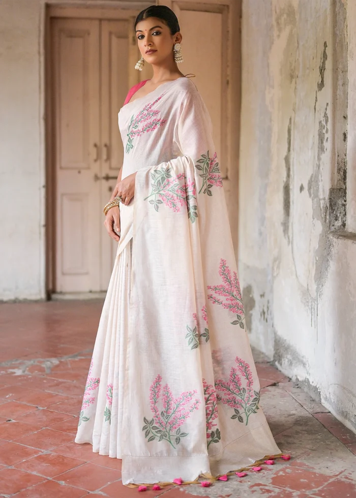 White and Pink Muga Cotton Woven Saree