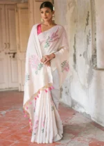 White and Pink Muga Cotton Woven Saree