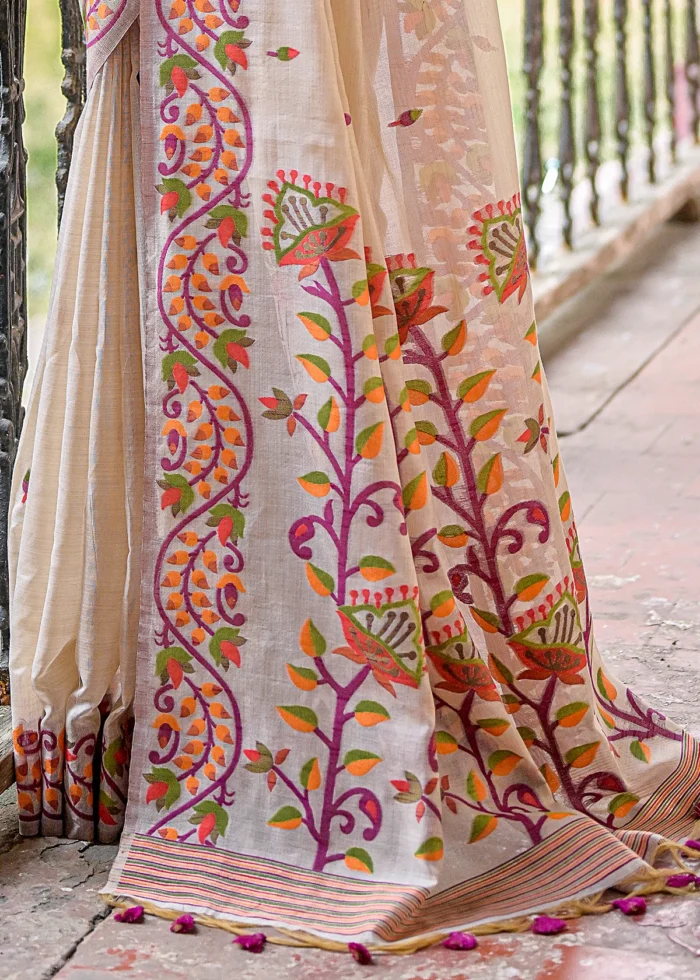 White and Wine Muga Cotton Woven Floral Saree