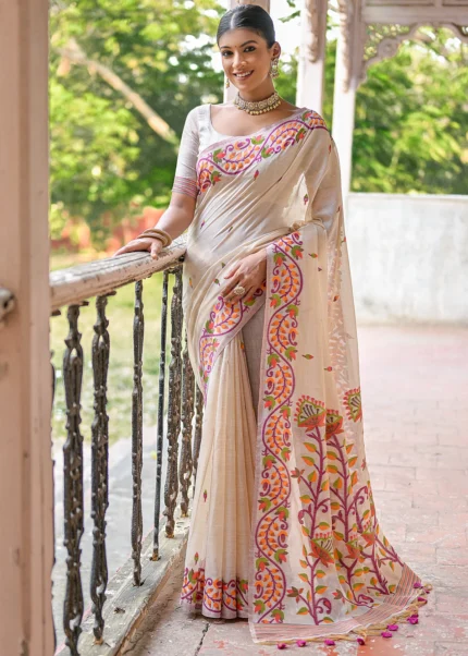 Cream and Wine Muga Cotton Woven Floral Saree